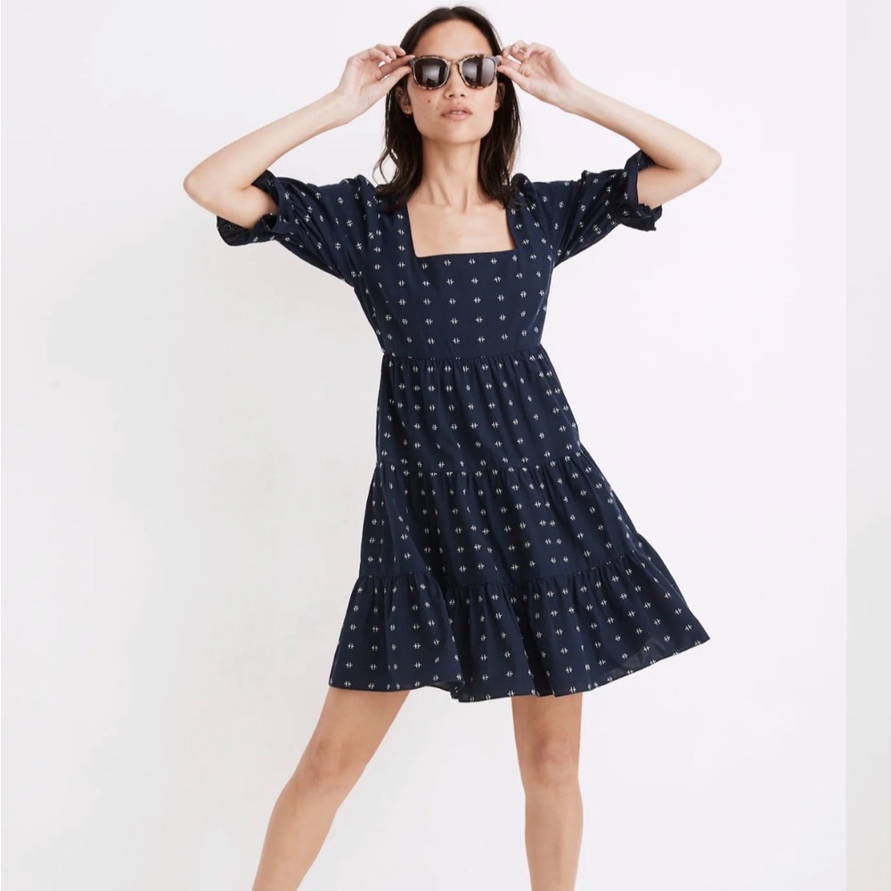 Madewell Square-Neck Puff-Sleeve Babydoll Dress Navy Blue Clip Dot Size 10
